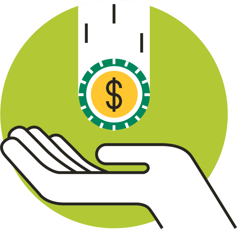 Illustration of an open hand, palm facing up, and a coin falling into it