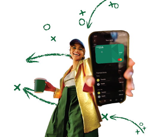 Women holding phone displaying a Capital debit card. Arrows and X's & O's in background.