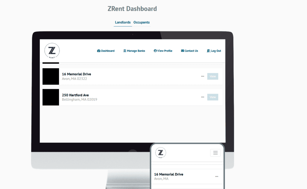 Zrent dashboard. A computer screen with two tenants accounts showing