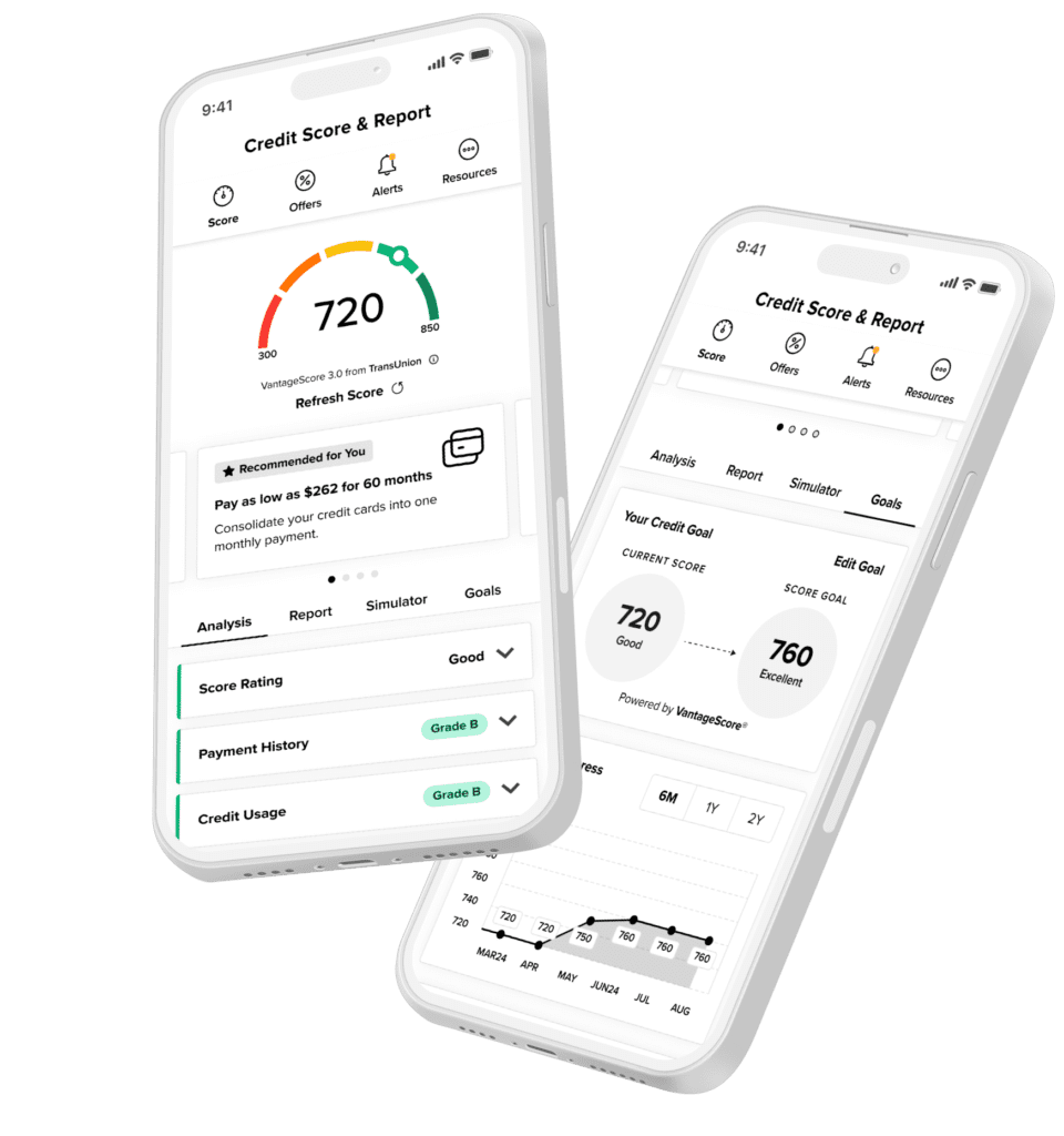 Two tilted smartphones display a 'Credit Score & Report' app with a large score gauge and navigation icons at the top.
